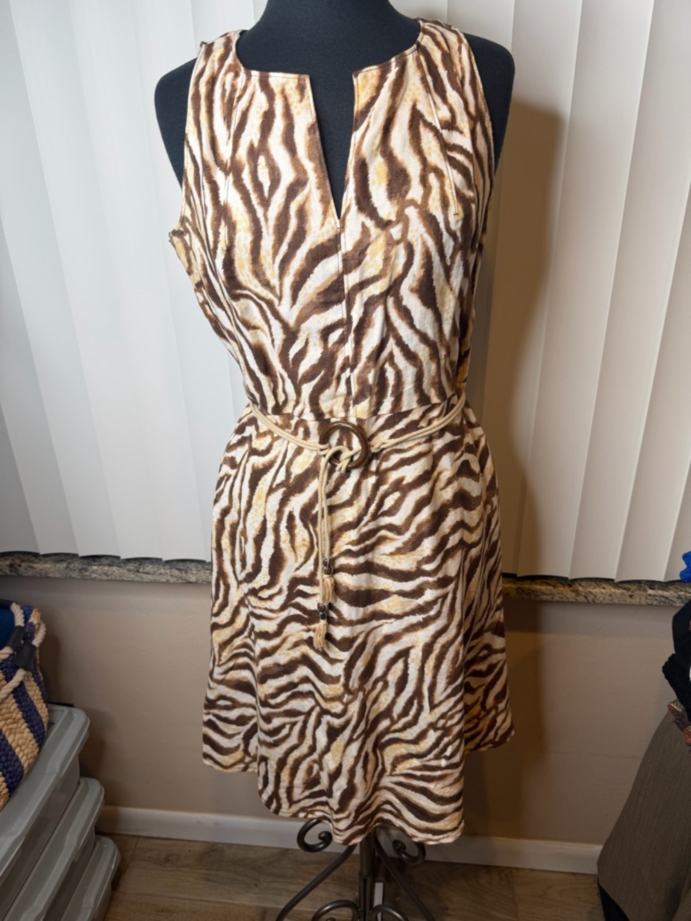 Rafaella 100% Linen Sleeveless Brown Beige Zebra Print Dress Belt Safari Size 10